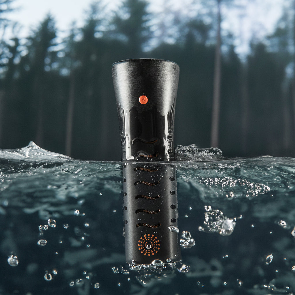 WaterLamp in Aktion: Taschenlampe am Waldseeufer. Seitenansicht unter Wasser und darüber. Der Strahl durchbricht die Dunkelheit. Entdecke die faszinierende Beleuchtung im WaterLamp Shop!